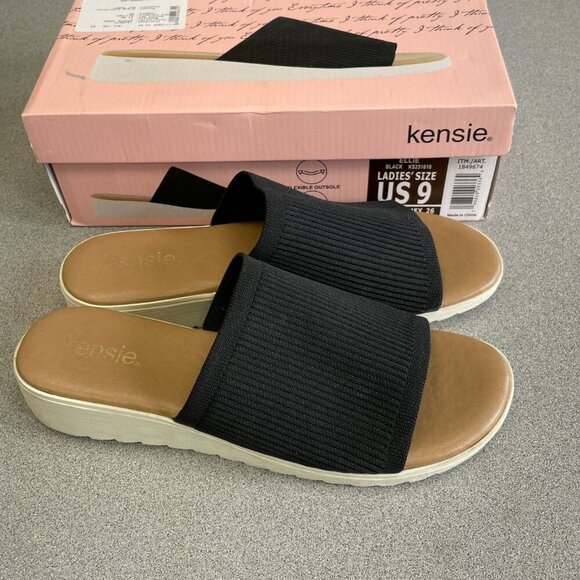 Kensie Women's Size 9 Ellie Black Slides Knit Wedge Sandals - Picture 1 of 5